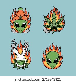 Vektorgrafik-Set von vier Retro-Tattoo-Flash-Art-Designs mit Aliens, einem Cannabisblatt und einer Bong, umgeben von fetten Flammen und Rauch. Perfekt für Gegenkulturbekleidung oder Merchandise.