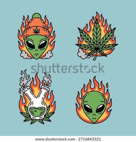 Vector illustration set of four retro tattoo flash art designs featuring aliens, a cannabis leaf, and a bong surrounded by bold flames and smoke. Perfect for counterculture apparel or merchandise.