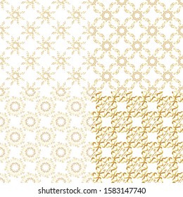 Vector illustration. Set of four seamless patterns with golden ornate.  Hearts, circles and culs. Luxury golden background. 