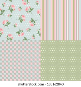 Vector illustration of a set of four seamless patterns with roses and abstract backgrounds in soft pastel colors