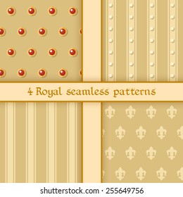 Vector illustration: set of four seamless golden backgrounds with stripes, bands, gems, pearls and  fleur de lys