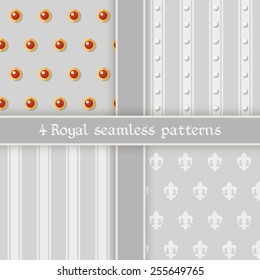 Vector illustration: set of four seamless silver backgrounds with stripes, bands, gems, pearls and  fleur de lys