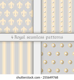 Vector illustration: set of four seamless silver backgrounds with stripes, bands, gems, pearls and  fleur de lys