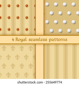 Vector illustration: set of four seamless golden backgrounds with stripes, bands, gems, pearls and  fleur de lys