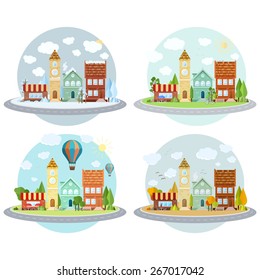 Vector illustration. Set of Four Seasons in town