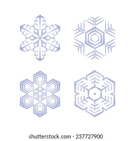 Vector illustration: set of four snowflakes made of blue crystals on white background
