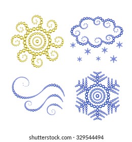 Vector illustration: Set of four symbolic icons "Winter weather report" (sun, snow cloud, wind and snowflake pictogram) made of twinkle blue and yellow crystals isolated on white background