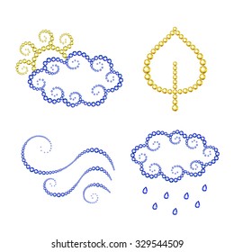 Vector illustration: Set of four symbolic icons "Autumn weather report" (sun and cloud, yellow leaf, wind and rain pictogram) made of twinkle blue and yellow crystals isolated on white background 
