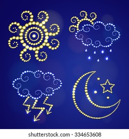 Vector illustration: Set of four symbolic icons "Spring weather report" (sun, rain, cloud with lightnings and moon with stars) made of twinkle blue and yellow crystals isolated on blue background