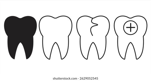 Vector Illustration Set of Four Tooth Icons Showing Healthy, Outline, Cavity, and Dental Filling Concepts