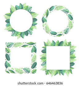 Vector illustration. Set of four tropical frames. Green plants, exotic leaves, banana leaf, areca palm, botany, flora. Place for your text. White background isolated. Idea for your card and poster