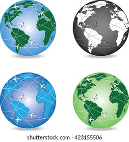 Vector illustration of set of four variants of globe with aircrafts around it