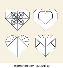 Vector illustration: set of four white origami heart symbols for Valentine's Day decoration isolated on yellow background