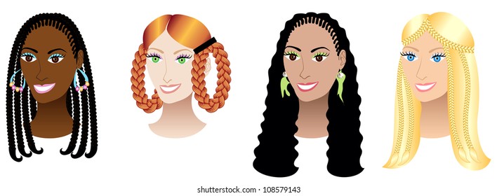 Vector Illustration set of four women with braids, plaits or cornrows.