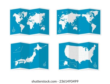 Vector illustration set of four-fold maps (world map, Japan, USA)