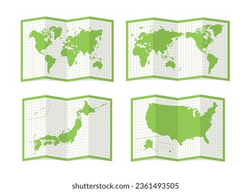 Vector illustration set of four-fold maps (world map, Japan, USA)