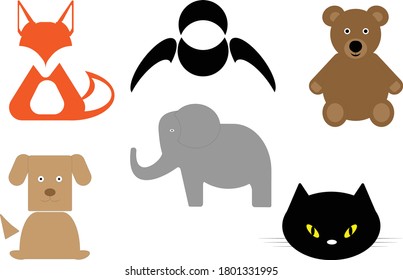 Vector illustration set. Fox, bird, dog, elephant, bear and cat. 