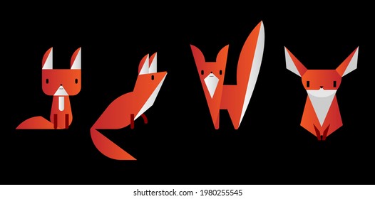 Vector illustration set of foxes in a geometric gradient style. Little cute animals with red fur from wood. Icon and logo design in modern doodle art style