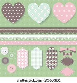 Vector illustration of a set of frames, buttons and laces for scrapbook and other decorations. Tender, romantic theme.