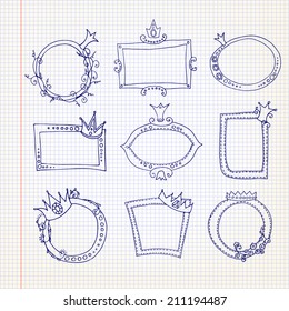 Vector illustration. set of frames with crown. Sketch on notebook page