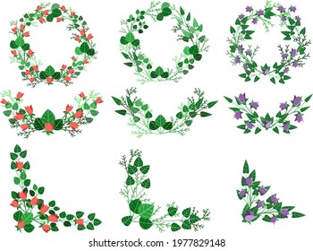 Vector illustration set of frames in the form of wreaths of wildflowers and leaves. Hand drawn. Spring, summer theme. For portrait decoration, postcard , sticker, wedding invitation. 