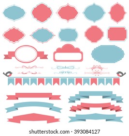 Vector illustration of a set of frames and other decoration elements in trendy pink and light blue colors for your art and design
