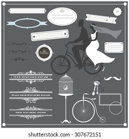 Vector illustration of a set of frames, page dividers and other design elements for weddings invitations and other arts. With bride and groom silhouette couple. 