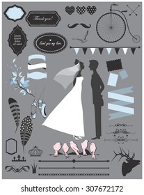 Vector illustration of a set of frames, page dividers and other design elements for weddings invitations and other arts. With bride and groom silhouette couple. 