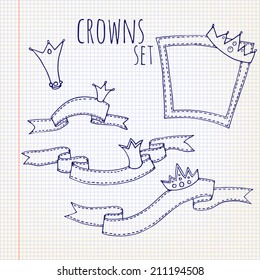 Vector illustration. set of frames, ribbons and crown. Sketch on notebook page