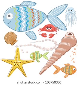 Vector illustration of a set of frames and sea life creatures for summer
