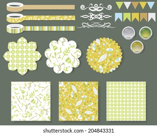 Vector illustration of a set of frames, seamless backgrounds, buttons and duck tapes for scrapbook and other decorations. Floral theme. 