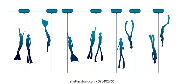 Vector illustration with set of free divers. Silhouette of couple freedivers and rope with buoy. 