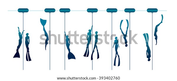 Vector illustration with\
set of free divers. Silhouette of couple freedivers and rope with\
buoy. 