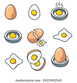 Conjunto de ilustración vectorial de huevos frescos, huevos fritos, huevos cocidos en estilo plano aislado sobre fondo blanco.