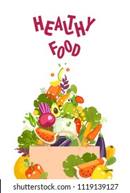 Vector illustration of a set of fresh fruits and vegetables dietary healthy food strewed into a shopping bag in a store on a white background