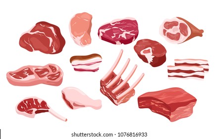 Vector illustration set of fresh meat icons, pieces of fresh tasty meat, steak, ribs in flat style. Gastronomic, cooking, BBQ, restaurant kitchen concept.