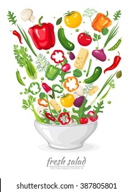 Vector illustration set of fresh, ripe, delicious vegetables in vegan salad on white background. Healthy organic food in a plate.  Ingredients for cooking in flat style