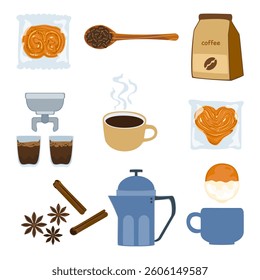 Vector illustration set of fresh roasted and ground coffee drink elements. Aromatic coffee. Bubble tea menu. Bakery. Desserts. Cold and hot coffee. Isolated for food menu, drinks, coffee shop, cafe.
