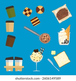Vector illustration set of fresh roasted and ground coffee drink elements. Aromatic coffee. Bubble tea menu. Bakery. Desserts. Cold and hot coffee. Isolated for food menu, drinks, coffee shop, cafe.

