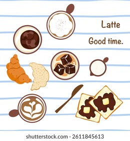 Vector illustration set of fresh roasted and ground coffee drink elements. Aromatic coffee. Bubble tea menu. Bakery. Desserts. Cold and hot coffee. Isolated for food menu, drinks, coffee shop, cafe.