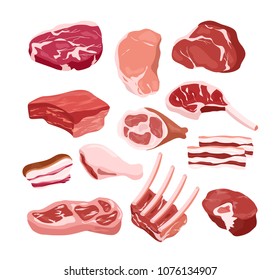 Vector illustration set of fresh tasty meat icons in flat style, isolated objects on white background. Gastronomic products, cook, steak, bbq concept.