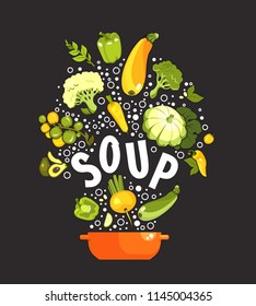 vector illustration set of fresh vegetables on a black background cooking food kitchen accessories, saucepan, first courses, soup