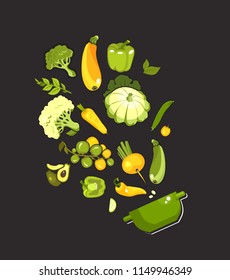 vector illustration set of fresh vegetables on a black background cooking food kitchen accessories, saucepan, first courses