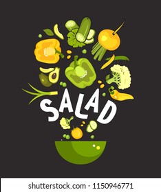 vector illustration set of fresh vegetables on a black background cooking food kitchen accessories, salad bowl