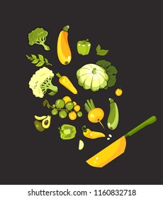 vector illustration set of fresh vegetables on a black background cooking food kitchen accessories, frying pan