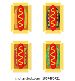 Vector illustration set of freshly opened hotdog out of a box with cheese and tomato sauce, restaurant and culinary theme. suitable for advertising food products