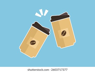 Vector illustration set of freshly roasted and ground coffee drinks, aromatic, two paper cups colliding, cute minimalist style graphics, isolated on background for food and beverage design, cafe.

