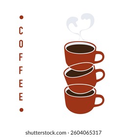 Vector illustration set of freshly roasted and ground coffee drinks. Aromatic coffee in ceramic cups stacked together. Minimalist style graphics isolated on background for food, drinks and coffee shop