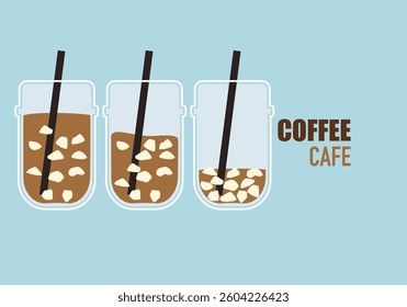 Vector illustration set of freshly roasted and ground coffee drinks, aromatic coffee, bubble tea menu, iced coffee, minimalist style graphics, isolated on background for food, beverage and coffee shop