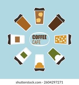 Vector illustration set of freshly roasted and ground coffee drinks, aromatic coffee, bubble tea menu, iced coffee, minimalist style graphics, isolated on background for food, beverage and coffee shop